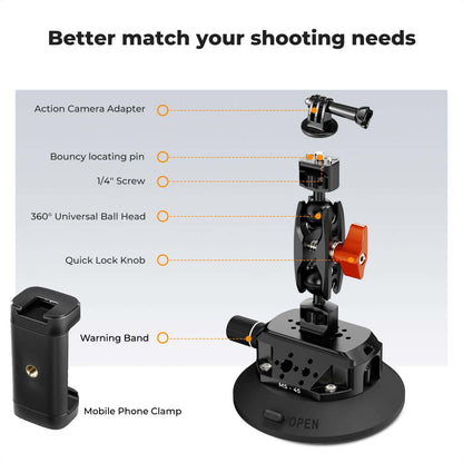 Exploded view of magic arm and adapters with labels: 1/4″ screw, locating pin, quick-lock knob, phone clamp