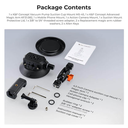 Package contents laid out: 4.5″ suction base, advanced magic arm, phone mount, action cam adapter, tools and spares