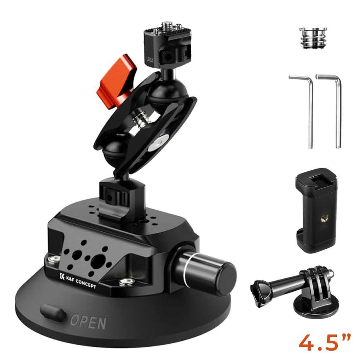 Magic arm, action camera adapter and phone clip showing attachment options for the suction base