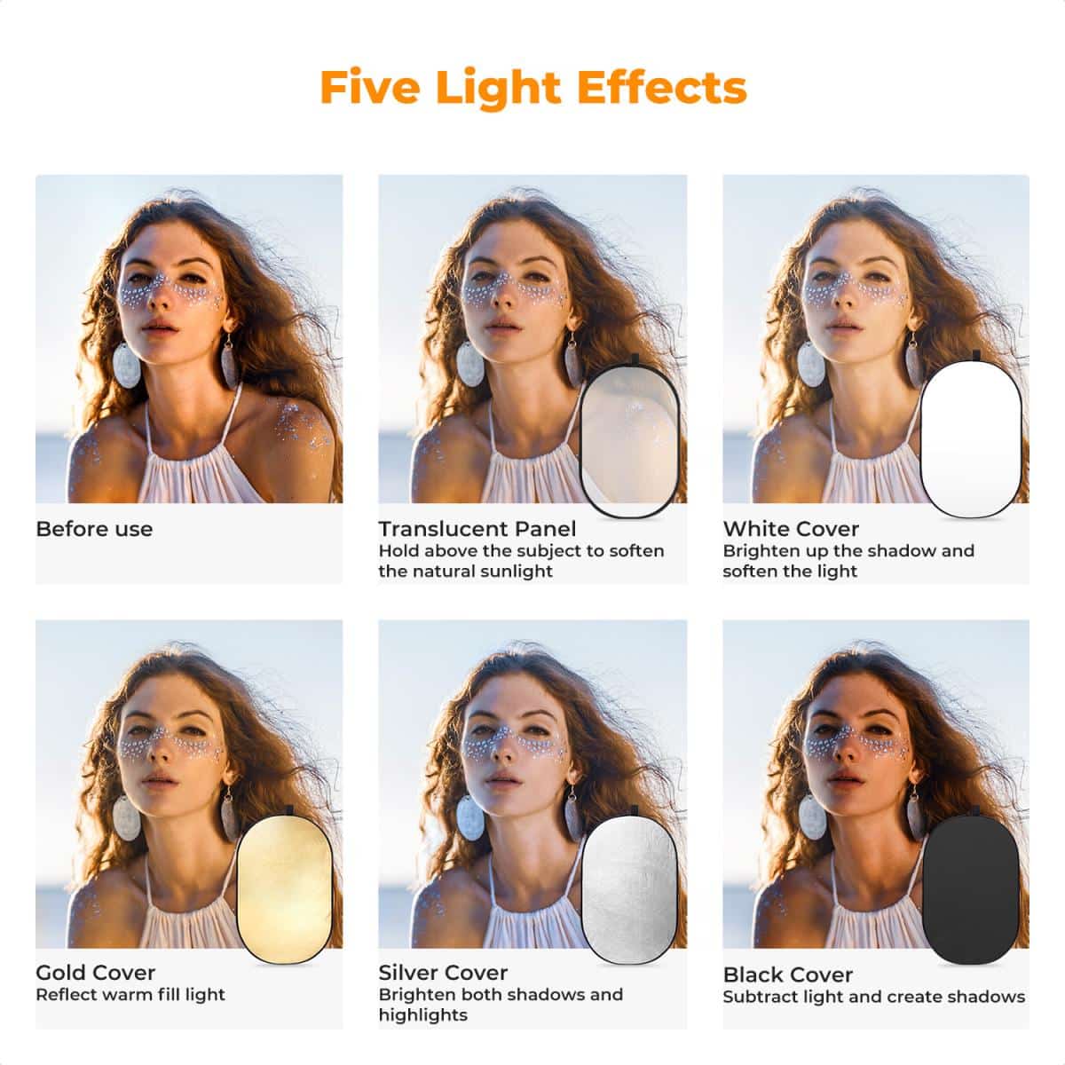 Portrait results demonstrating the five light effects of the K&F Concept 5-in-1 Oval Reflector: before use, translucent panel, white cover, gold cover, silver cover, and black cover.