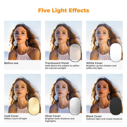 Portrait results demonstrating the five light effects of the K&F Concept 5-in-1 Oval Reflector: before use, translucent panel, white cover, gold cover, silver cover, and black cover.