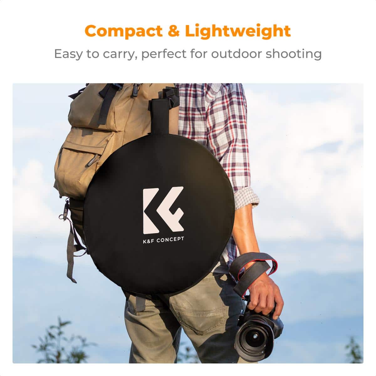 K&F Concept 5-in-1 Oval Reflector stored in compact carrying bag attached to photographer’s backpack for easy outdoor transport.
