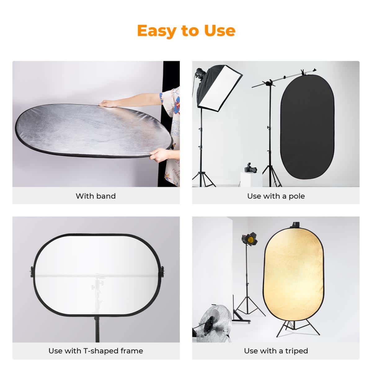 K&F Concept 5-in-1 Oval Reflector demonstrating multiple usage methods including handheld, mounted on a pole, used with a T-frame, and supported on a tripod.