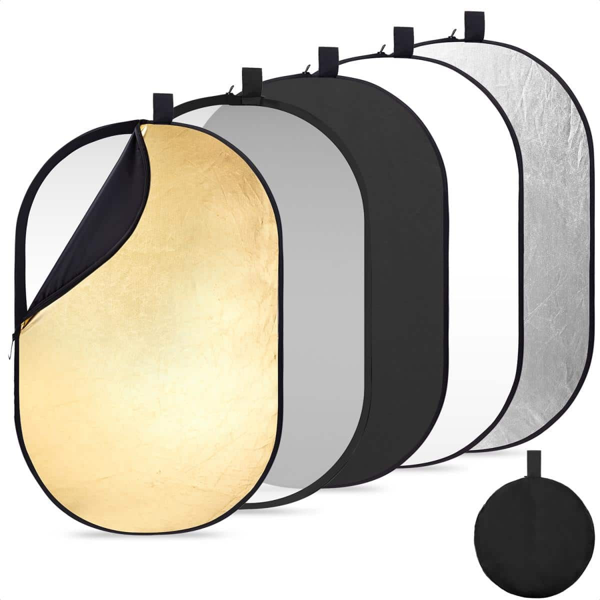 K&F Concept 5-in-1 Oval Reflector set showing gold, silver, white, black, and translucent panels with included carrying bag.