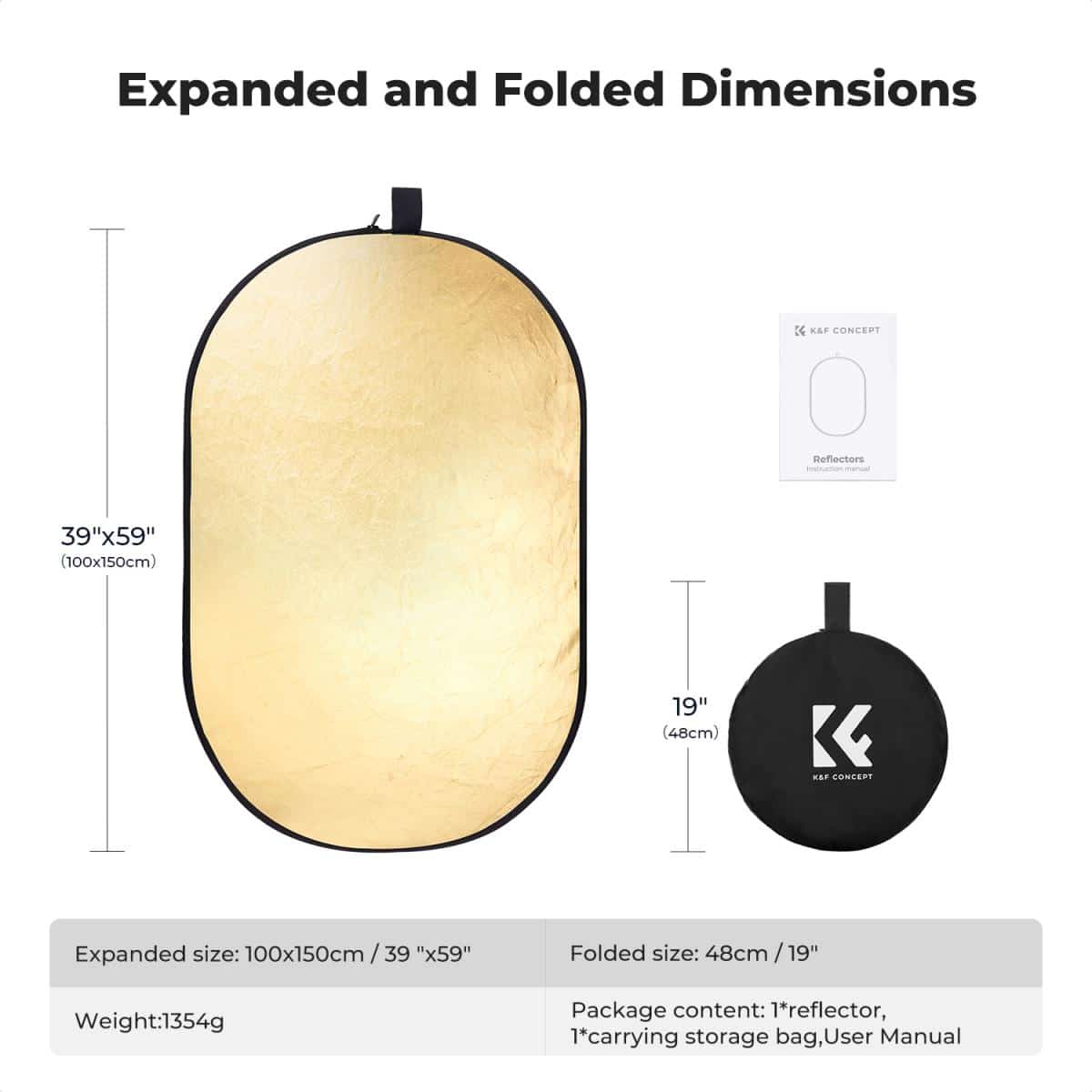 K&F Concept 5-in-1 Oval Reflector showing expanded size 100x150cm and folded size 48cm with carrying bag and user manual included.