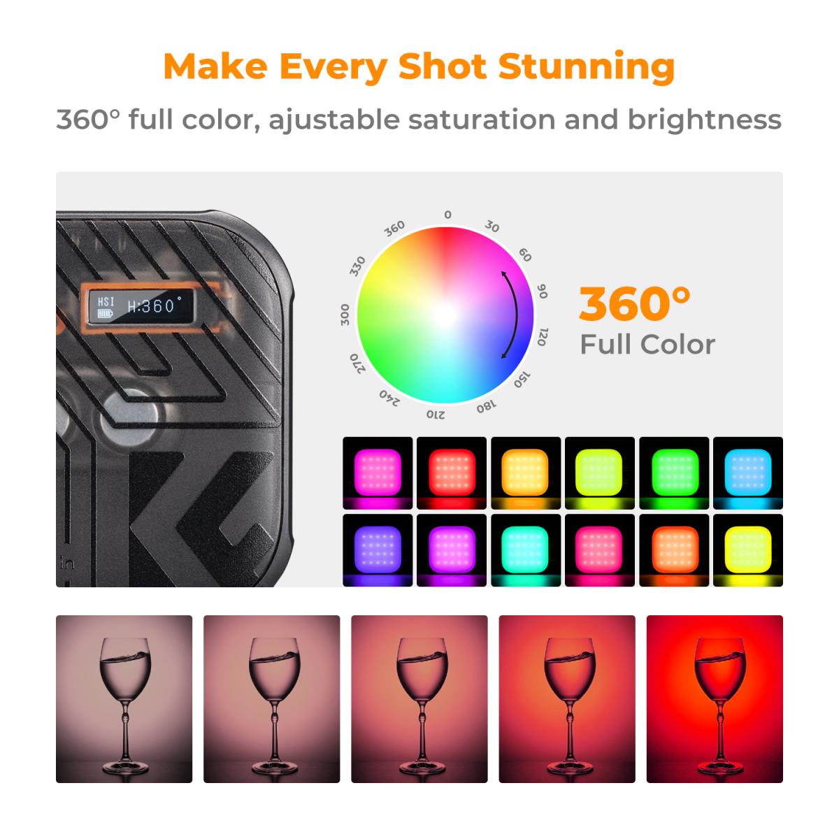 K&F Mini RGB LED Video Light displaying 360-degree full colour control with adjustable saturation and brightness, shown alongside colour examples lighting a glass subject.