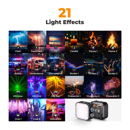 K&F Mini RGB LED Video Light showcasing 21 creative lighting effects including flash, TV, candle, flames, police, ambulance, strobe modes, fireworks, and club lighting.