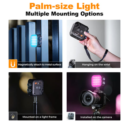 K&F Mini RGB LED Video Light demonstrated with multiple mounting options, including magnetic mounting, wrist strap holding, light stand mounting, and camera hot-shoe mounting.