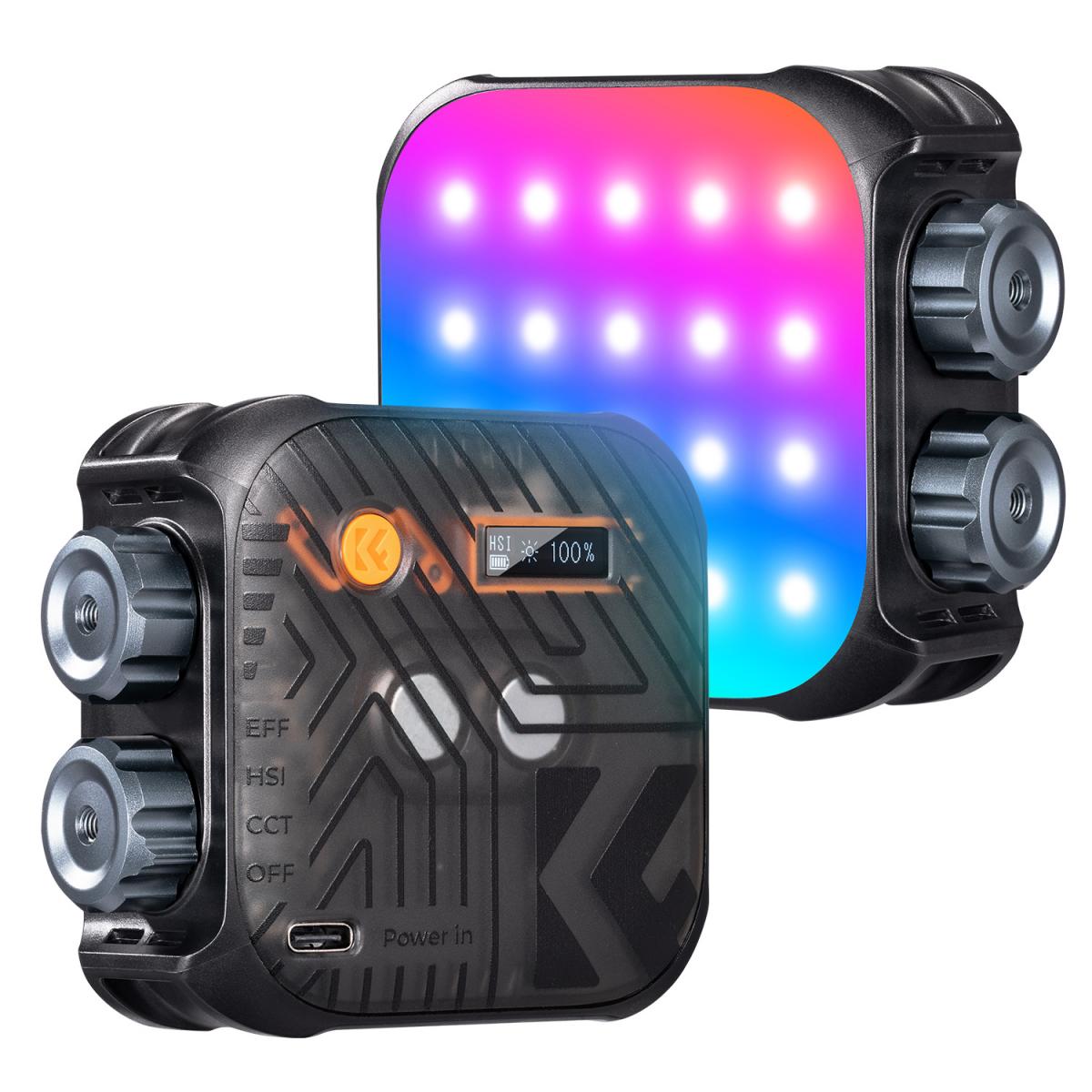 K&F Concept Mini RGB LED Video Light showing its front RGB panel and translucent rear control panel with built-in display and dual side knobs.
