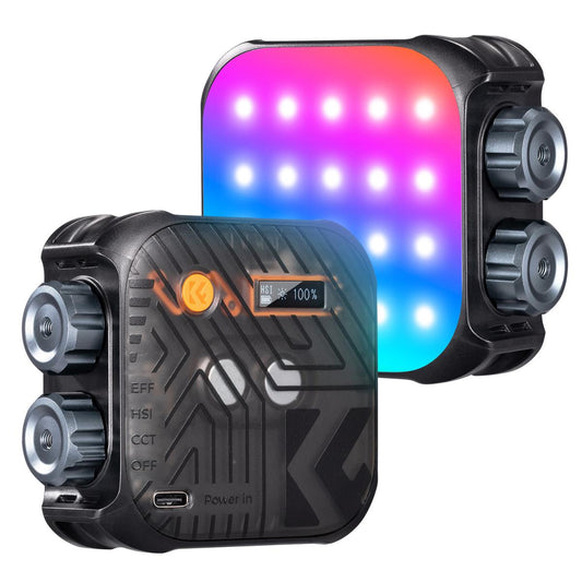 K&F Concept Mini RGB LED Video Light showing its front RGB panel and translucent rear control panel with built-in display and dual side knobs.