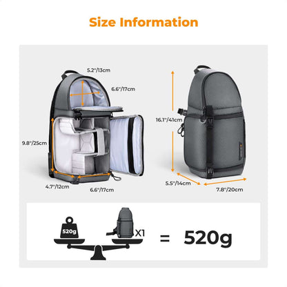 K&F Slim-Shooter 10L sling camera bag size chart showing interior and exterior dimensions, 420D nylon build, and 520g total weight.