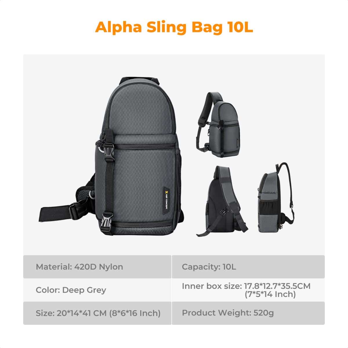 K&F Slim-Shooter camera sling bag with product specifications and dimensions — 10L capacity, 420D nylon build, deep grey colour.