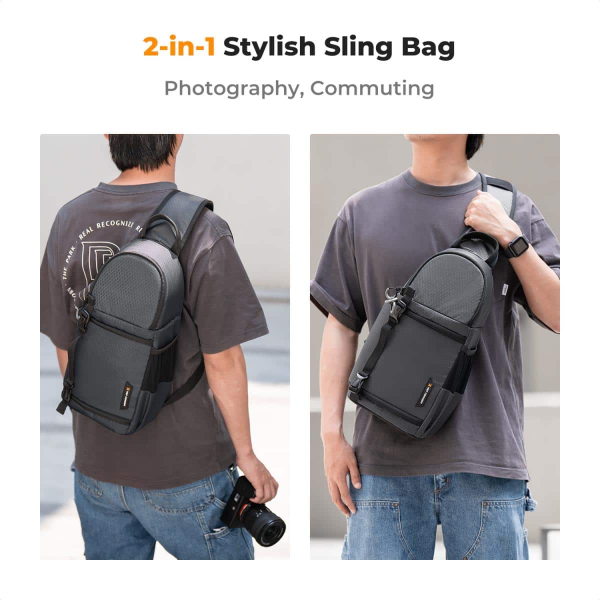 Photographer wearing the K&F Slim-Shooter crossbody camera bag while shooting, showcasing hands-free carry and compact size.
