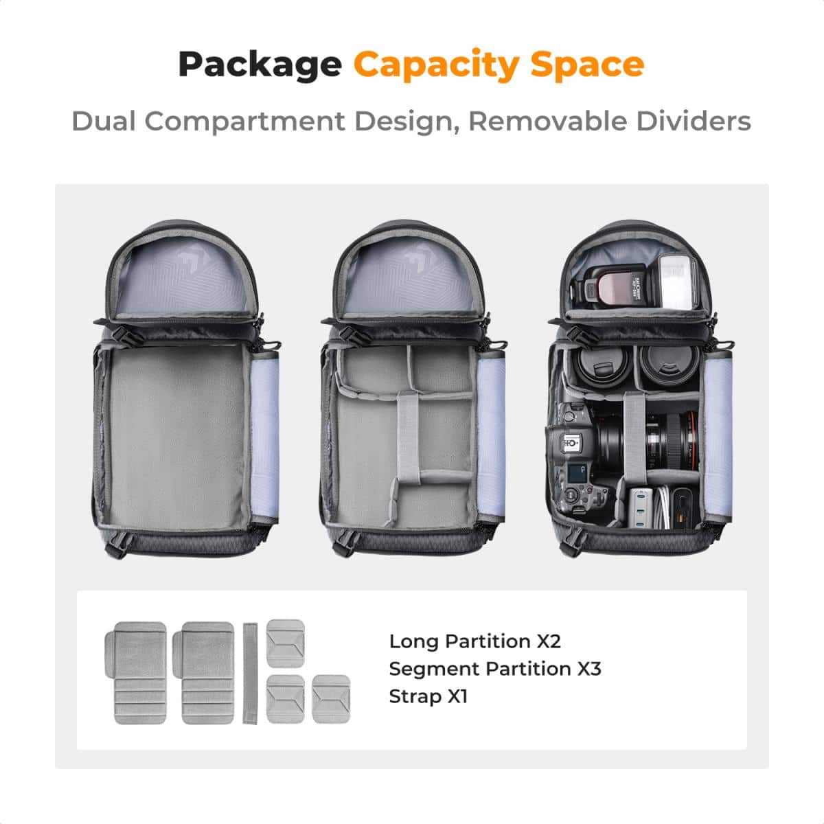 Interior layout options of the K&F Slim-Shooter sling bag with removable padded dividers and customisable gear configurations.