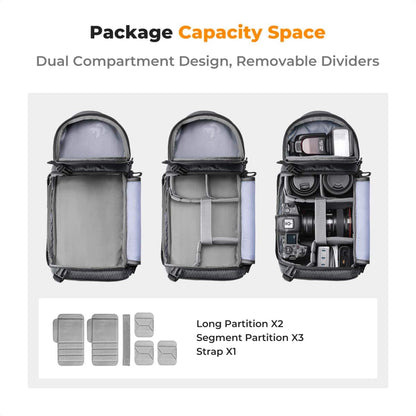 Interior layout options of the K&F Slim-Shooter sling bag with removable padded dividers and customisable gear configurations.