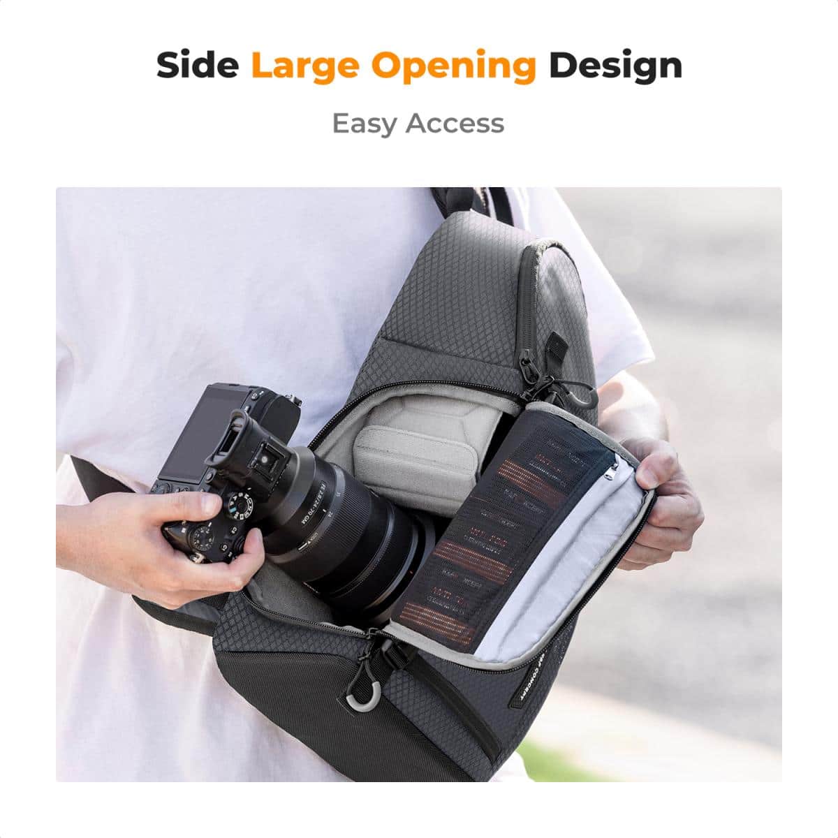 Side-access design of the K&F Slim-Shooter camera bag, showing quick gear retrieval while wearing the bag.
