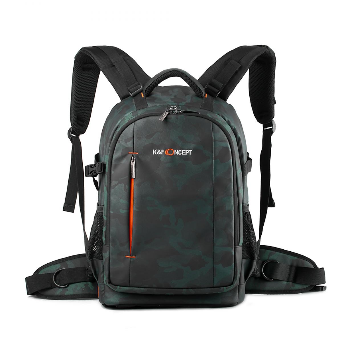 K&F Trail-Shooter camera backpack front view showing subtle forest camouflage design and bright orange zipper detailing.