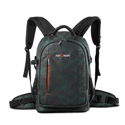 K&F Trail-Shooter camera backpack front view showing subtle forest camouflage design and bright orange zipper detailing.