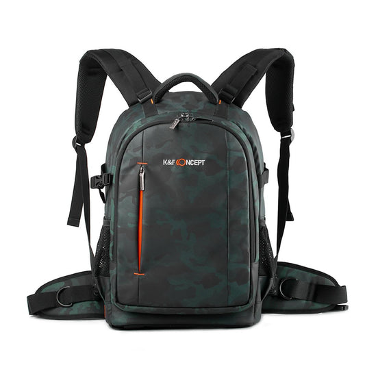 K&F Trail-Shooter camera backpack front view showing subtle forest camouflage design and bright orange zipper detailing.