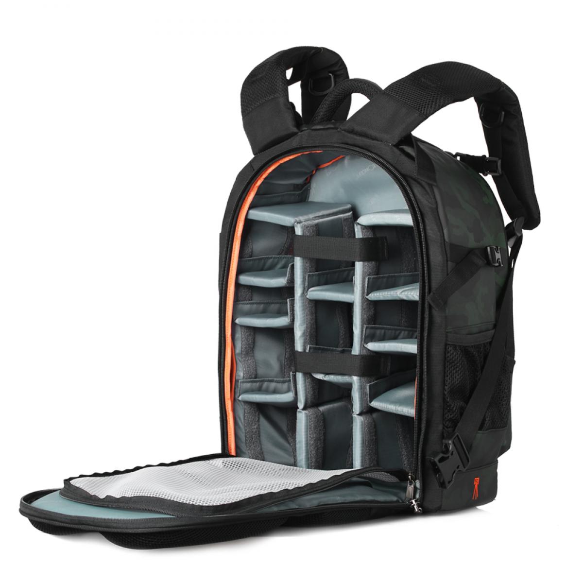 K&F Trail-Shooter camera backpack open to show customisable padded dividers and internal mesh cover for DSLR cameras and lenses.