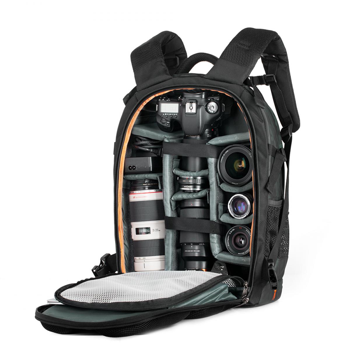 K&F Trail-Shooter backpack packed with DSLR camera bodies, lenses, and accessories inside adjustable padded compartments.