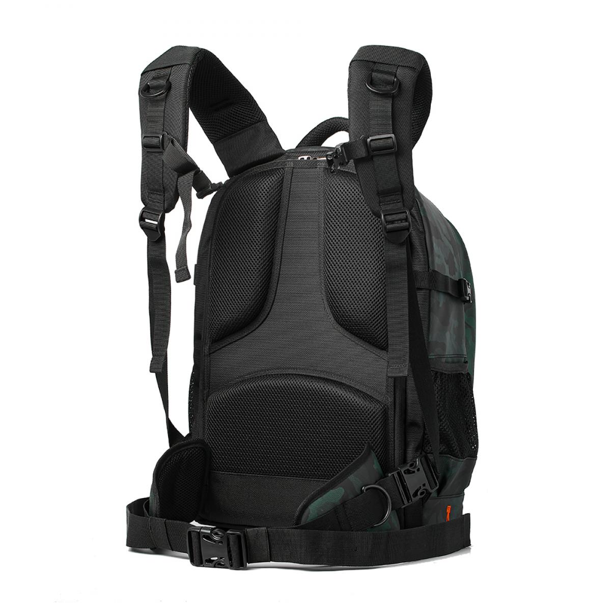 Back view of K&F Trail-Shooter camera backpack with padded breathable mesh straps and removable waist support belt.