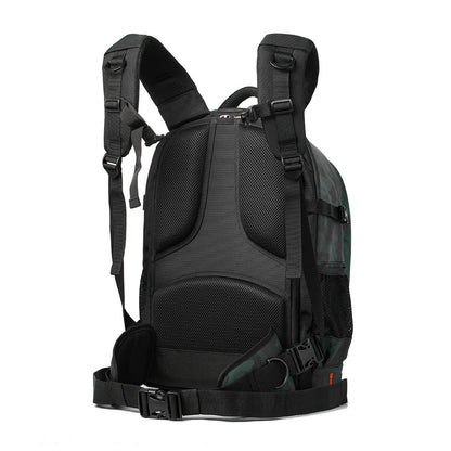 Back view of K&F Trail-Shooter camera backpack with padded breathable mesh straps and removable waist support belt.
