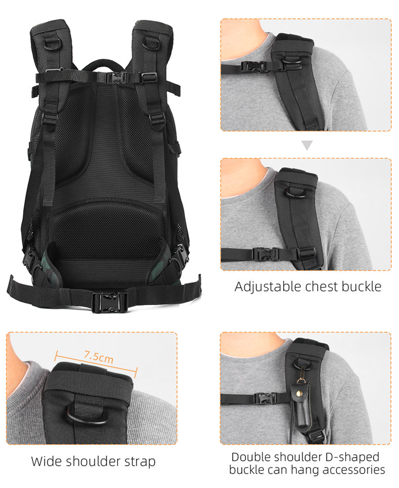 Close-up of K&F Trail-Shooter backpack straps showing adjustable chest buckle, D-rings, and 7.5cm wide padded shoulder straps.