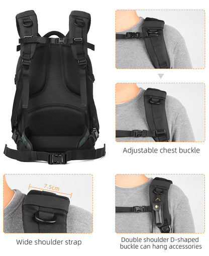 Close-up of K&F Trail-Shooter backpack straps showing adjustable chest buckle, D-rings, and 7.5cm wide padded shoulder straps.