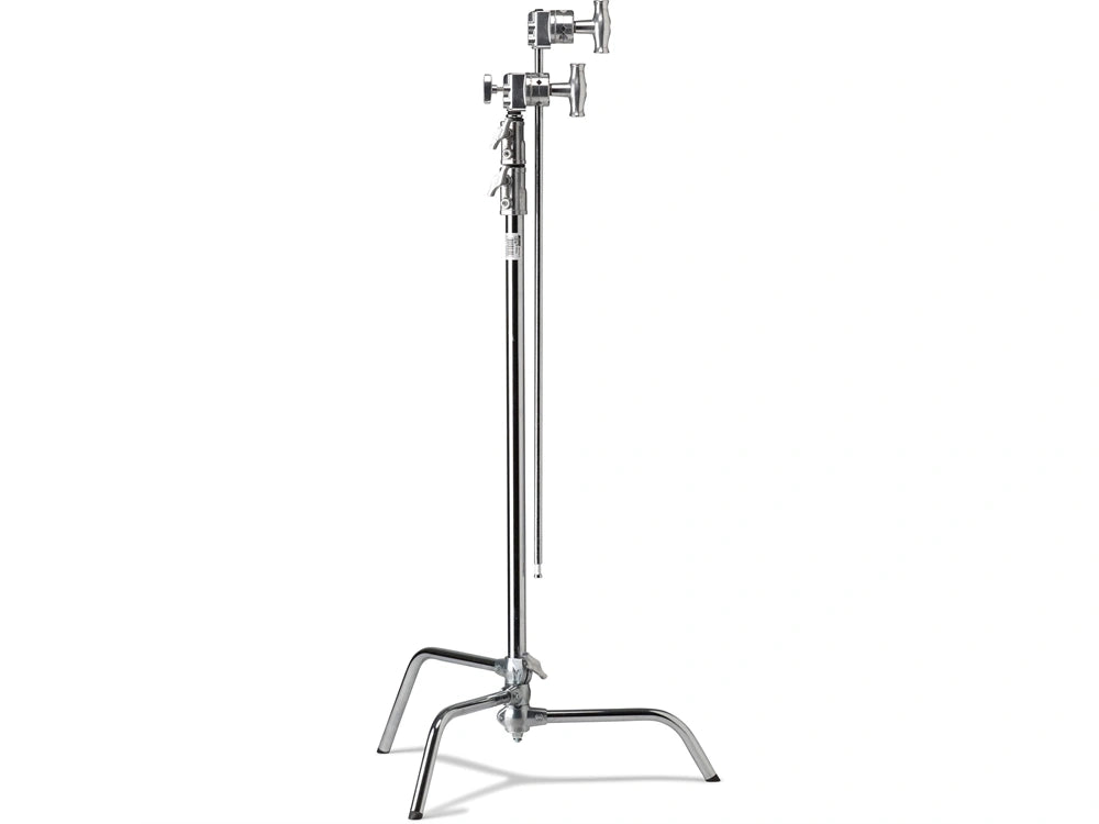 Side view of the Kupo CS-40MK Master C-Stand 40-inch with sliding leg and two grip heads, chrome steel construction.