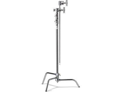 Side view of the Kupo CS-40MK Master C-Stand 40-inch with sliding leg and two grip heads, chrome steel construction.
