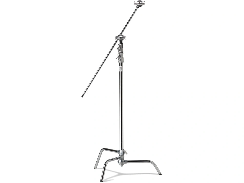 Kupo CS-40MK 40-inch Master C-Stand with sliding leg and grip arm extended, shown in chrome steel for film and lighting setups.