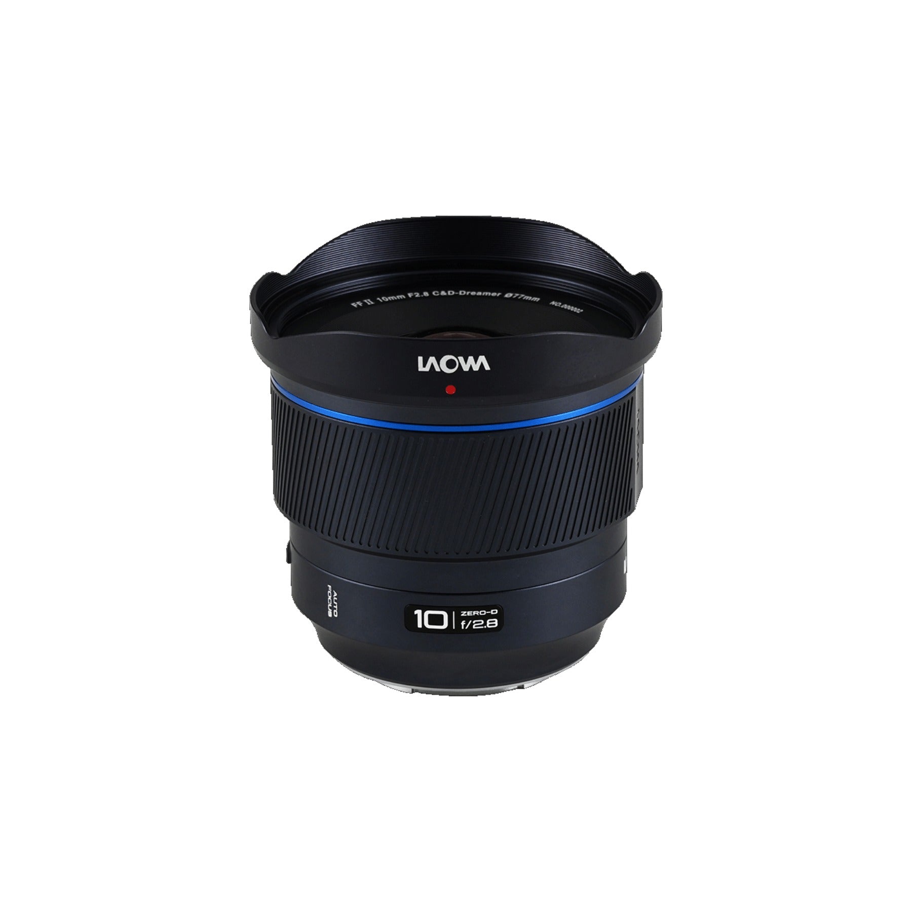Laowa 10mm with hood fully extended, front-angled composition on white background.