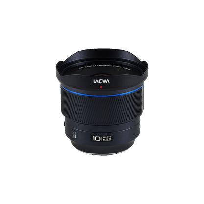 Laowa 10mm with hood fully extended, front-angled composition on white background.