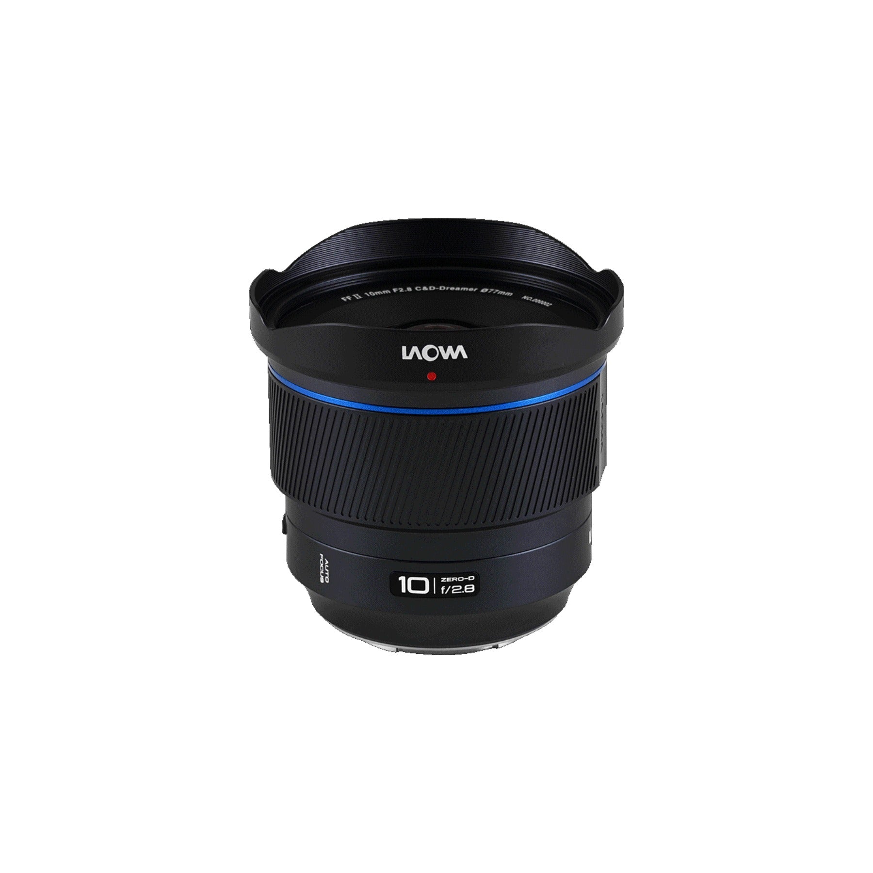 Laowa 10mm with hood extended at slight angle, white studio background.
