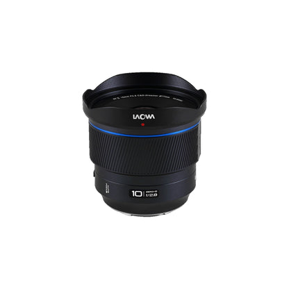 Laowa 10mm with hood extended at slight angle, white studio background.