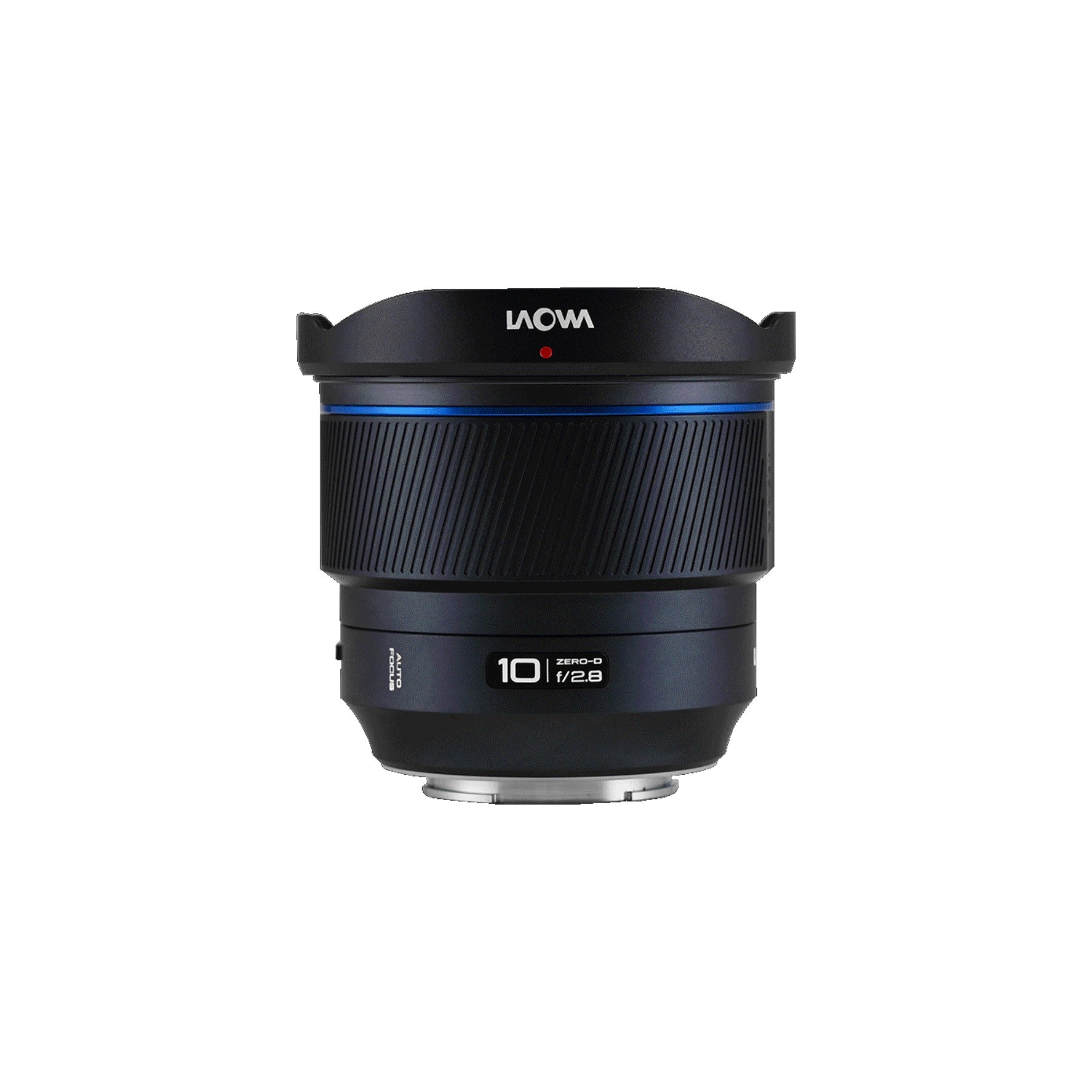 Laowa 10mm f/2.8 front-on with hood deployed, isolated on white background.