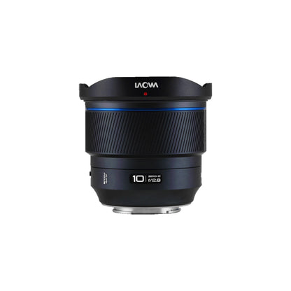 Laowa 10mm f/2.8 front-on with hood deployed, isolated on white background.