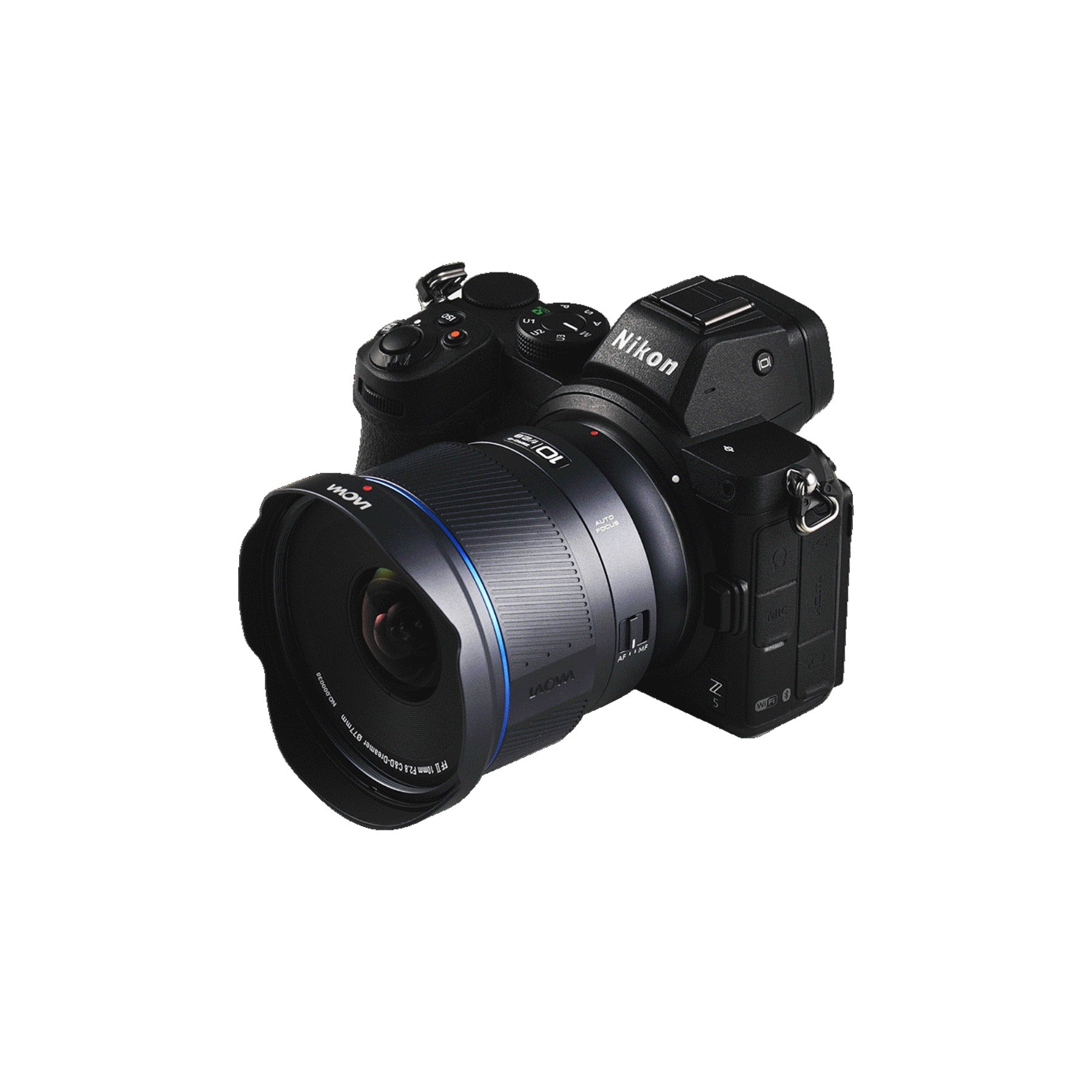 Laowa 10mm mounted on Nikon Z full-frame camera body, angled three-quarter view in studio setting.