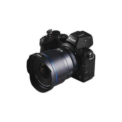 Laowa 10mm mounted on Nikon Z full-frame camera body, angled three-quarter view in studio setting.