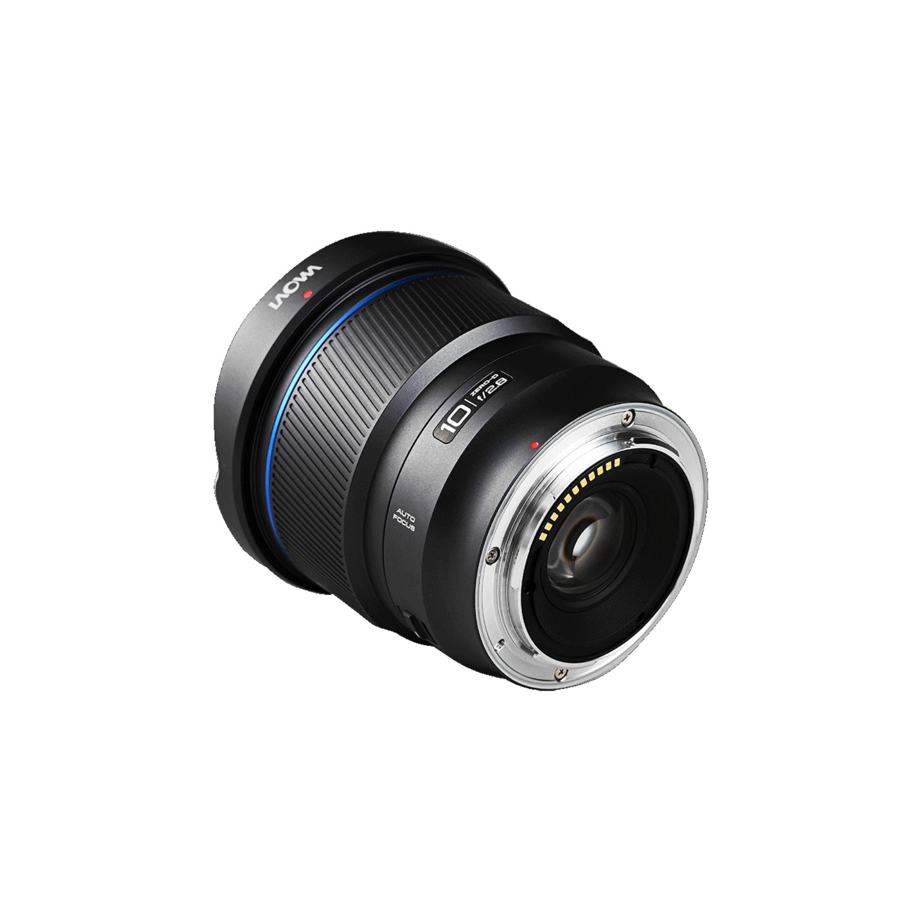Laowa 10mm shown from rear angle exposing mount contacts, electrical connector pins visible.