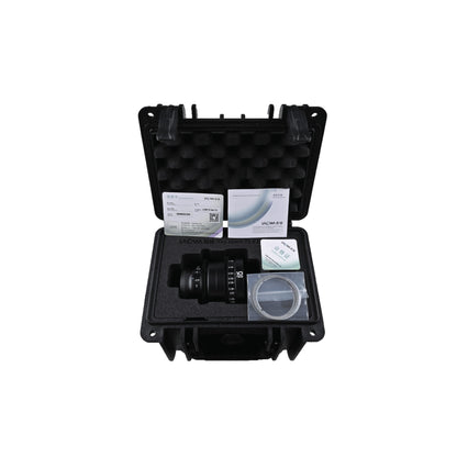 Open Pelican case containing Laowa 10mm T2.9 lens, documentation, filters, and accessories laid out neatly in custom foam.