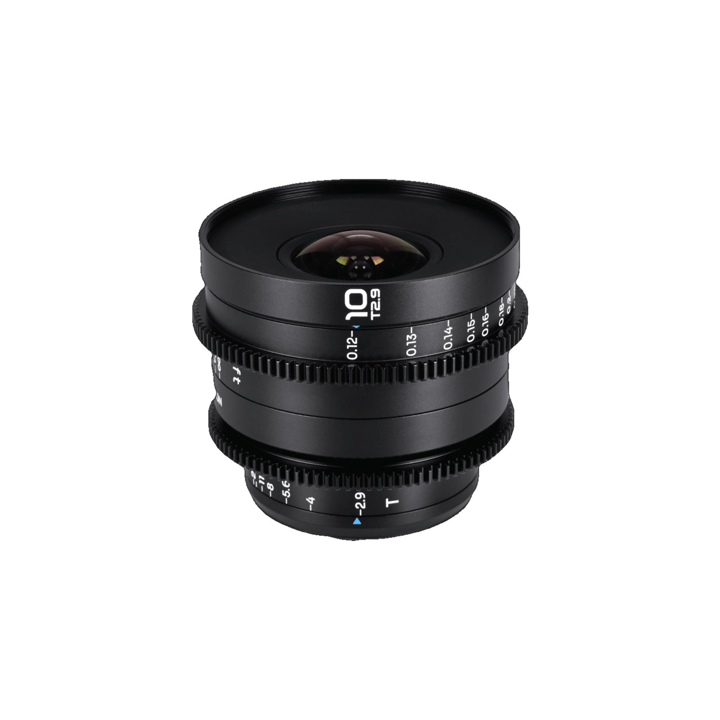Laowa 10mm T2.9 lens at slight three-quarter angle against white background, revealing focus scale and T2.9 marking on front element.