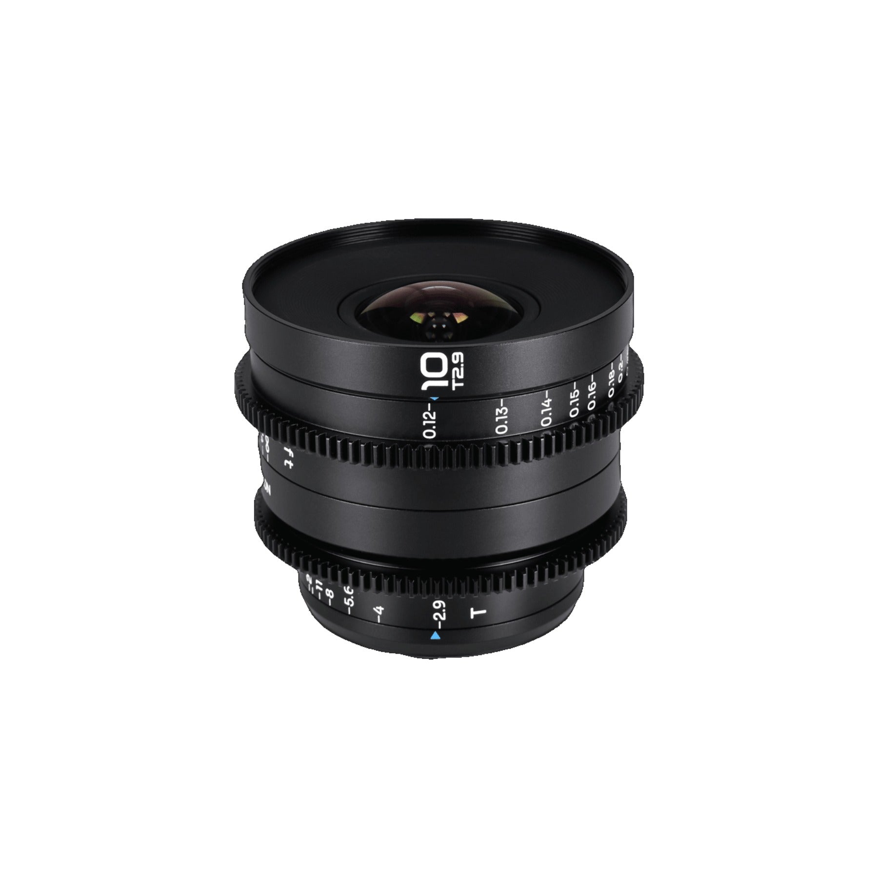 Laowa 10mm T2.9 lens at slight three-quarter angle against white background, revealing focus scale and T2.9 marking on front element.