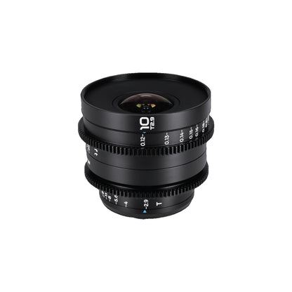 Laowa 10mm T2.9 lens at slight three-quarter angle against white background, revealing focus scale and T2.9 marking on front element.