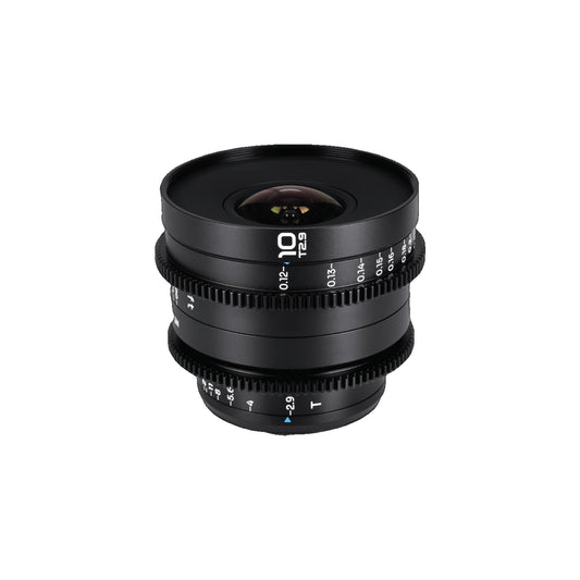 Laowa 10mm T2.9 lens at slight three-quarter angle against white background, revealing focus scale and T2.9 marking on front element.