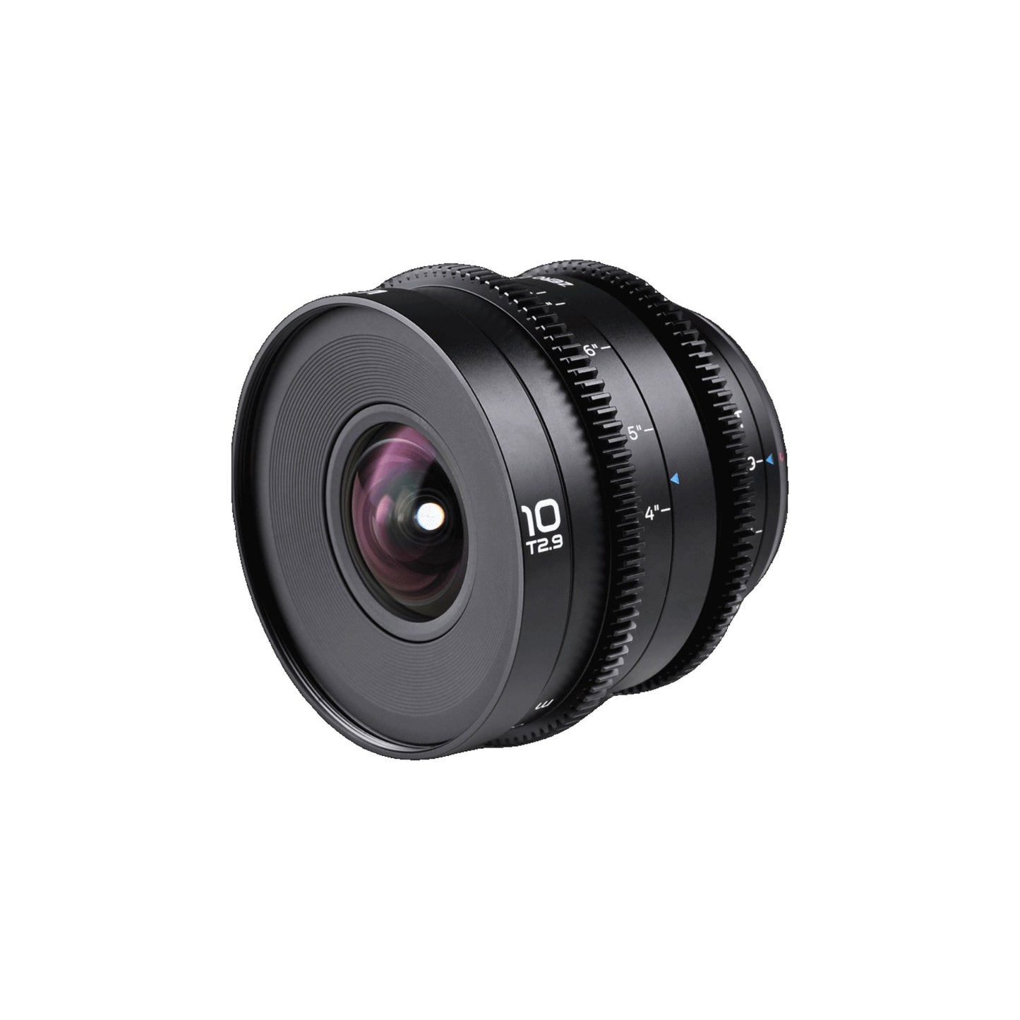 Laowa 10mm T2.9 lens at three-quarter angle highlighting the distinctive large front element and 10mm/T2.9 markings.