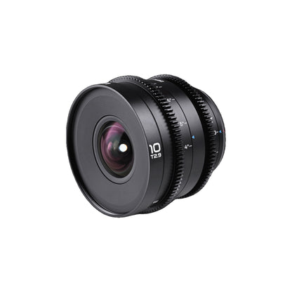 Laowa 10mm T2.9 lens at three-quarter angle highlighting the distinctive large front element and 10mm/T2.9 markings.
