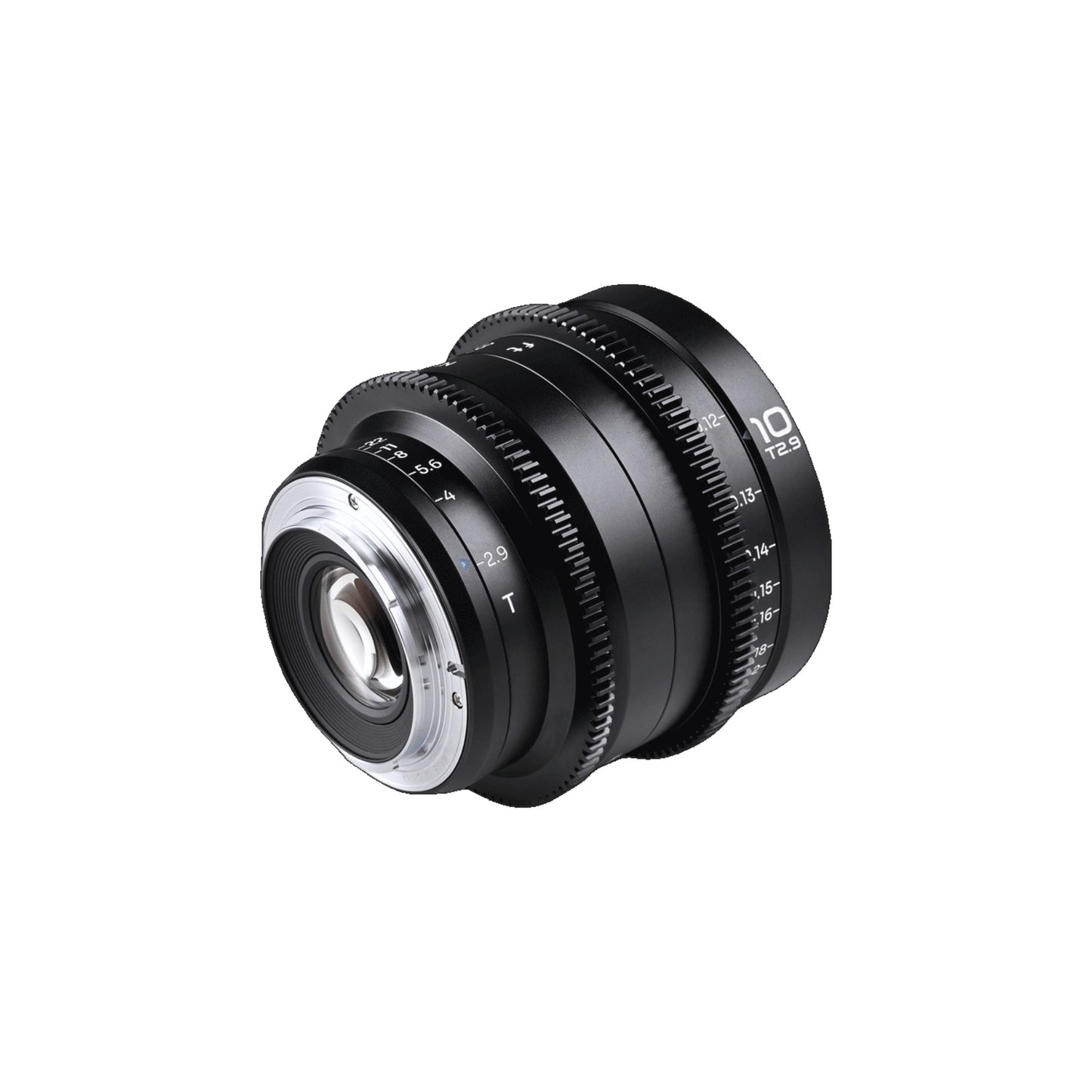 Laowa 10mm T2.9 lens viewed from left profile showing the chrome bayonet mount and focus/iris rings against white background.