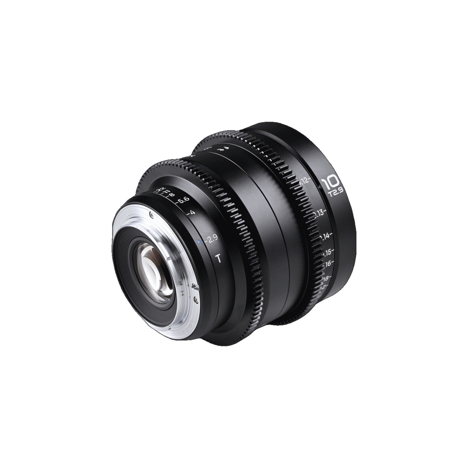 Laowa 10mm T2.9 lens viewed from left profile showing the chrome bayonet mount and focus/iris rings against white background.